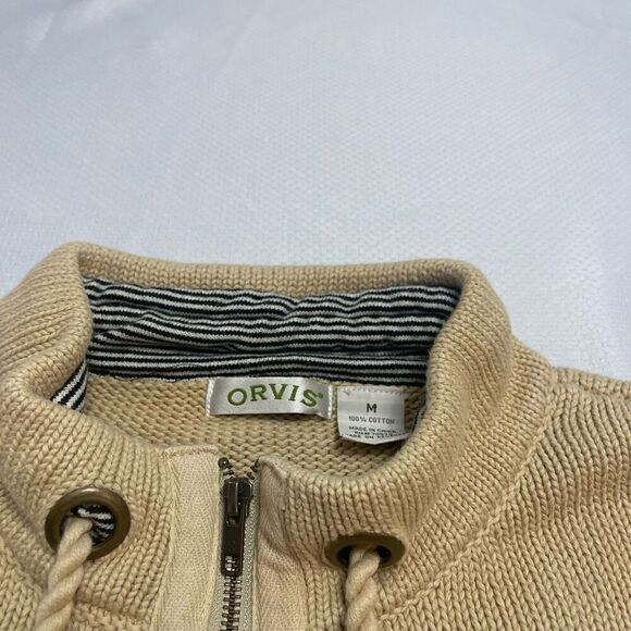 Orvis Tan Beige Cotton Thick Full Zip Cardigan Sweater Medium - Picture 2 of 9